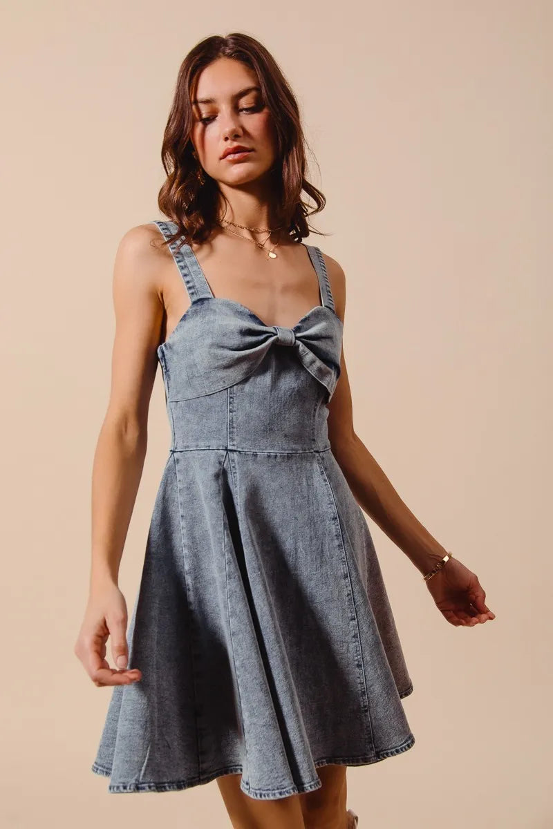 SO ME Mineral Washed Bow Ribbon Denim Flare Dress Mini Dresses