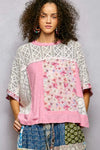 POL Candy Pink Floral Patchwork Lace Accent Blouse with pink floral print