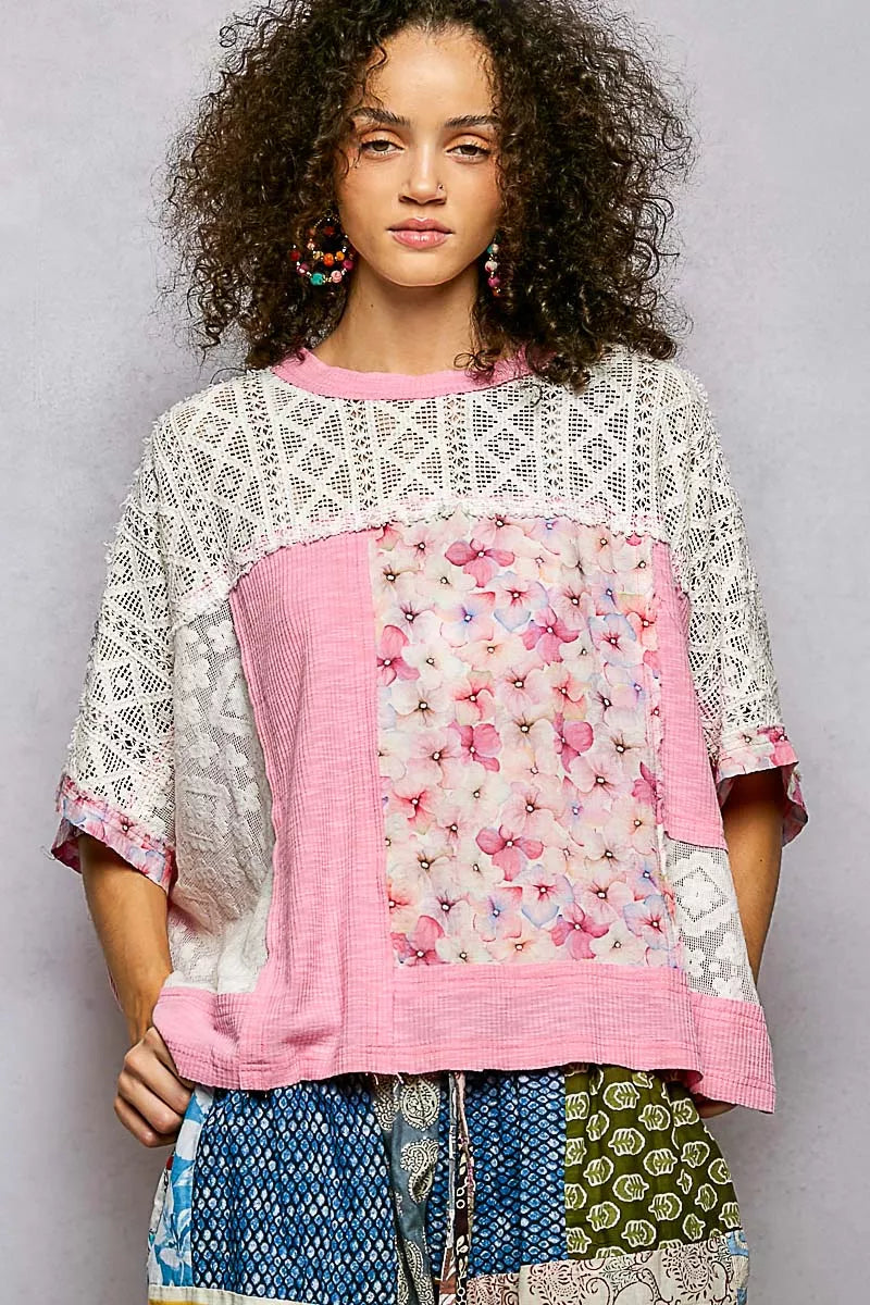 POL Candy Pink Floral Patchwork Lace Accent Blouse with pink floral print