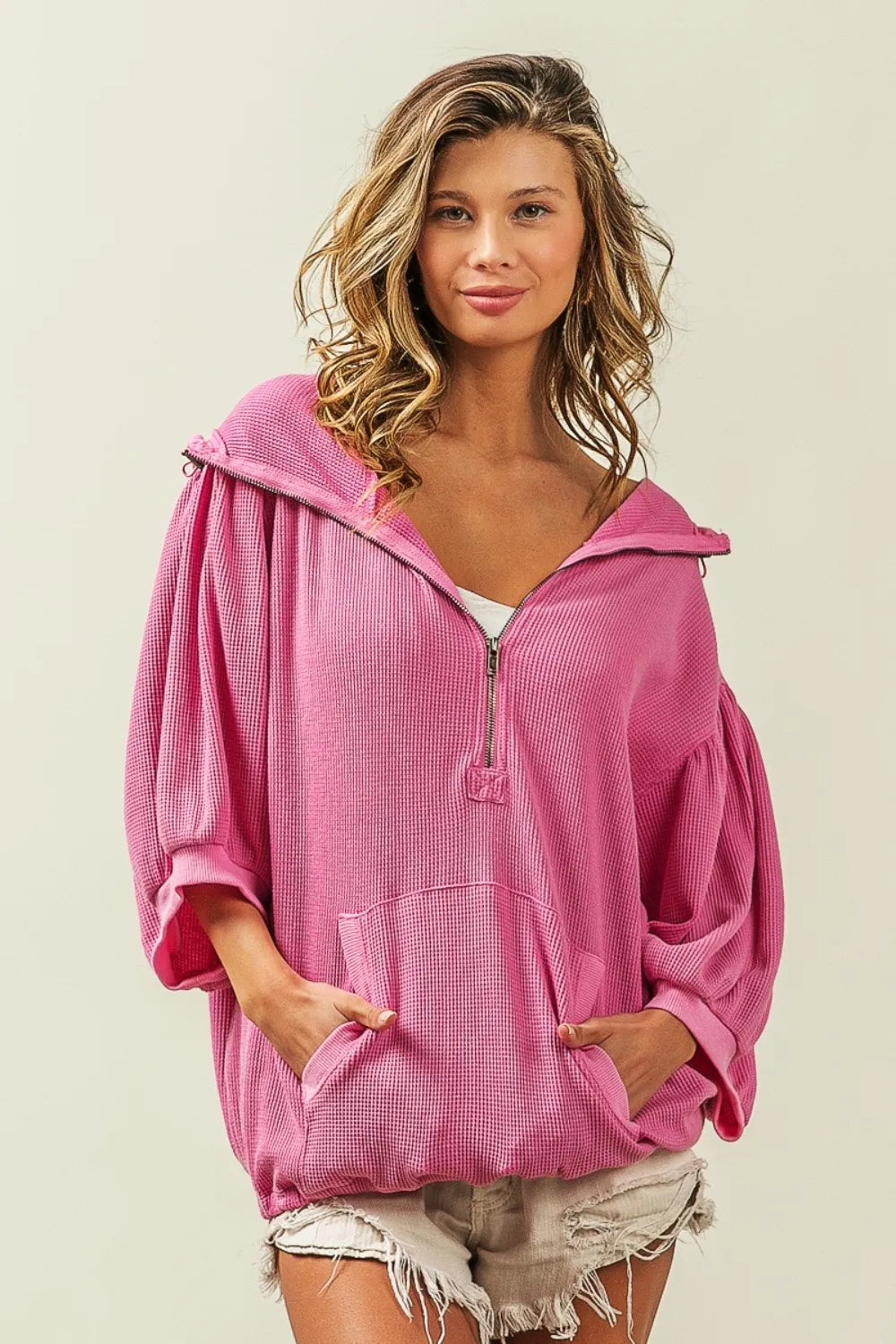 Pink ribbed cotton BiBi waffle-knit half-zip hoodie