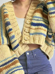 Cozy chunky knit striped cropped cardigan in cream, blue, brown