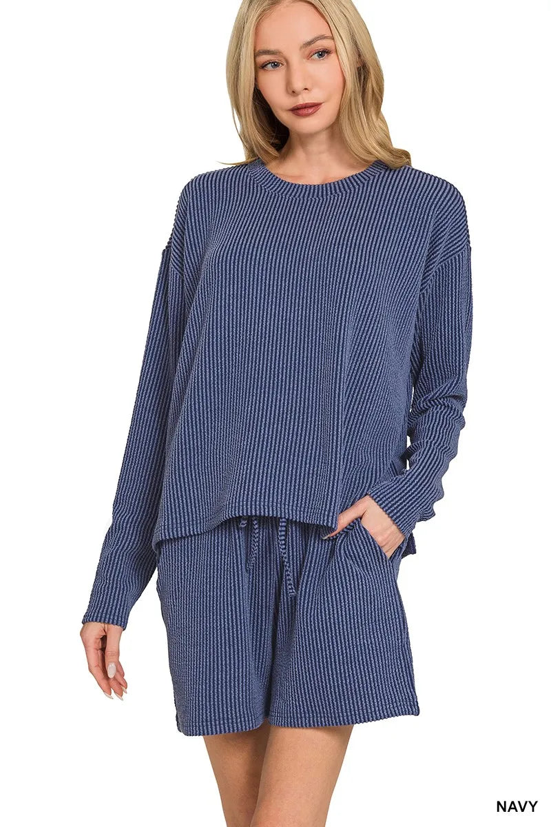 Zenana Corded Rib Long Sleeve Tee and Shorts Set NAVY