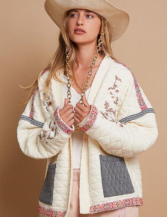 POL Embroidered Open Front Long Sleeve Jacket Cream