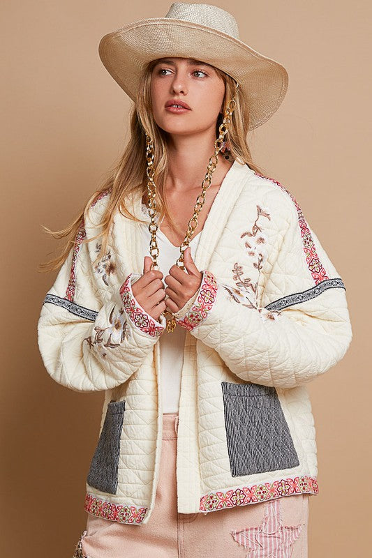 POL Embroidered Open Front Long Sleeve Jacket Cream