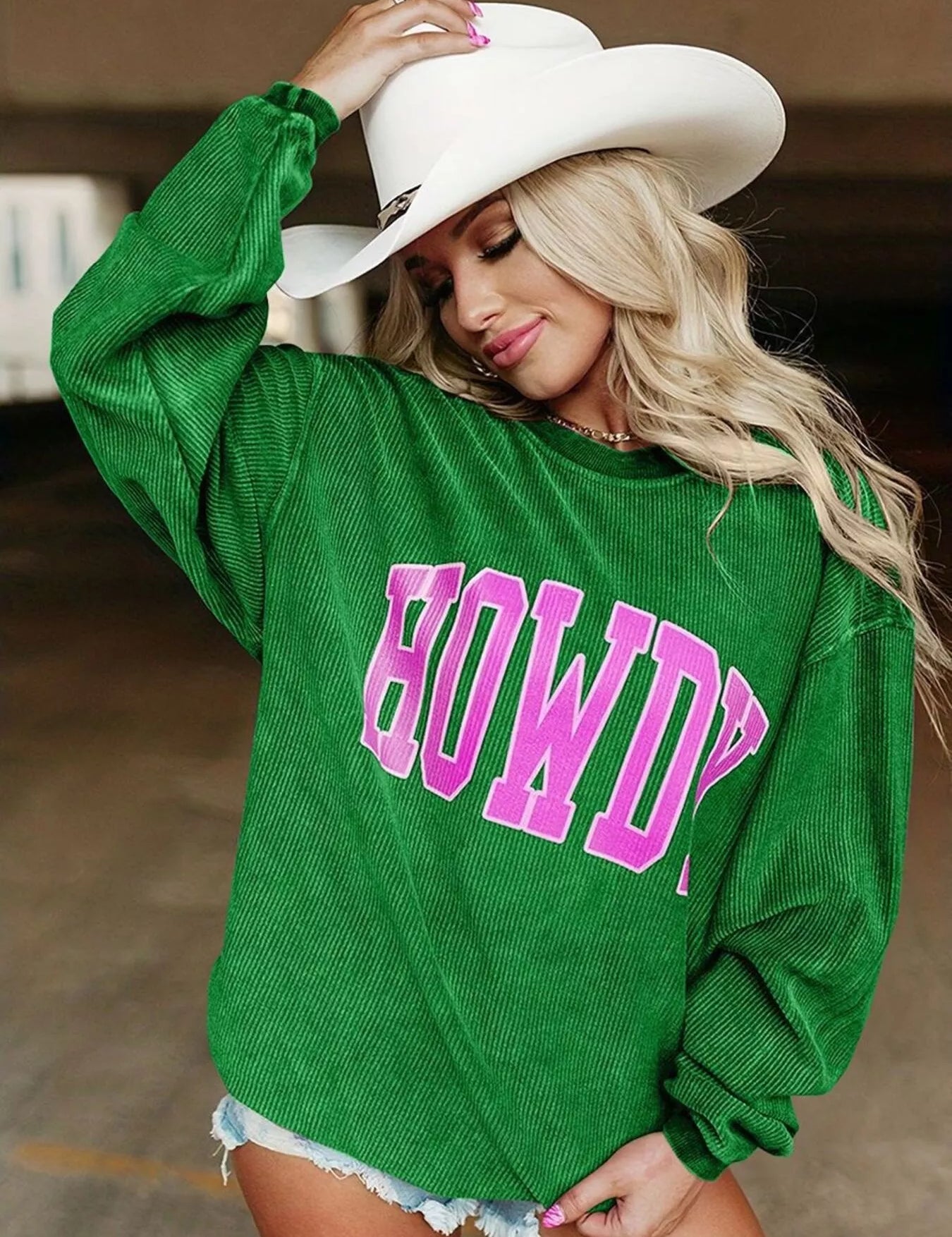 Green Full Size Howdy Round Neck Oversized Sweatshirt Plus Size | Sweatshirts Daverri Fashions