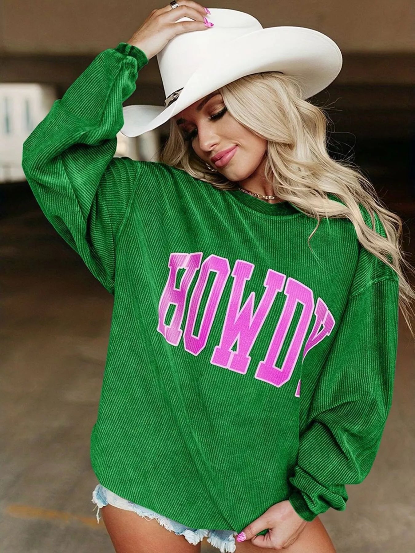 Green Full Size Howdy Round Neck Oversized Sweatshirt Plus Size | Sweatshirts Daverri Fashions
