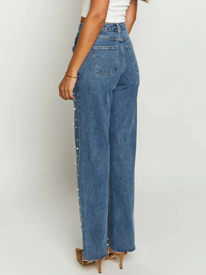 Pearl Embellished High Waist Straight Leg Jeans | Jeans Daverri Fashions