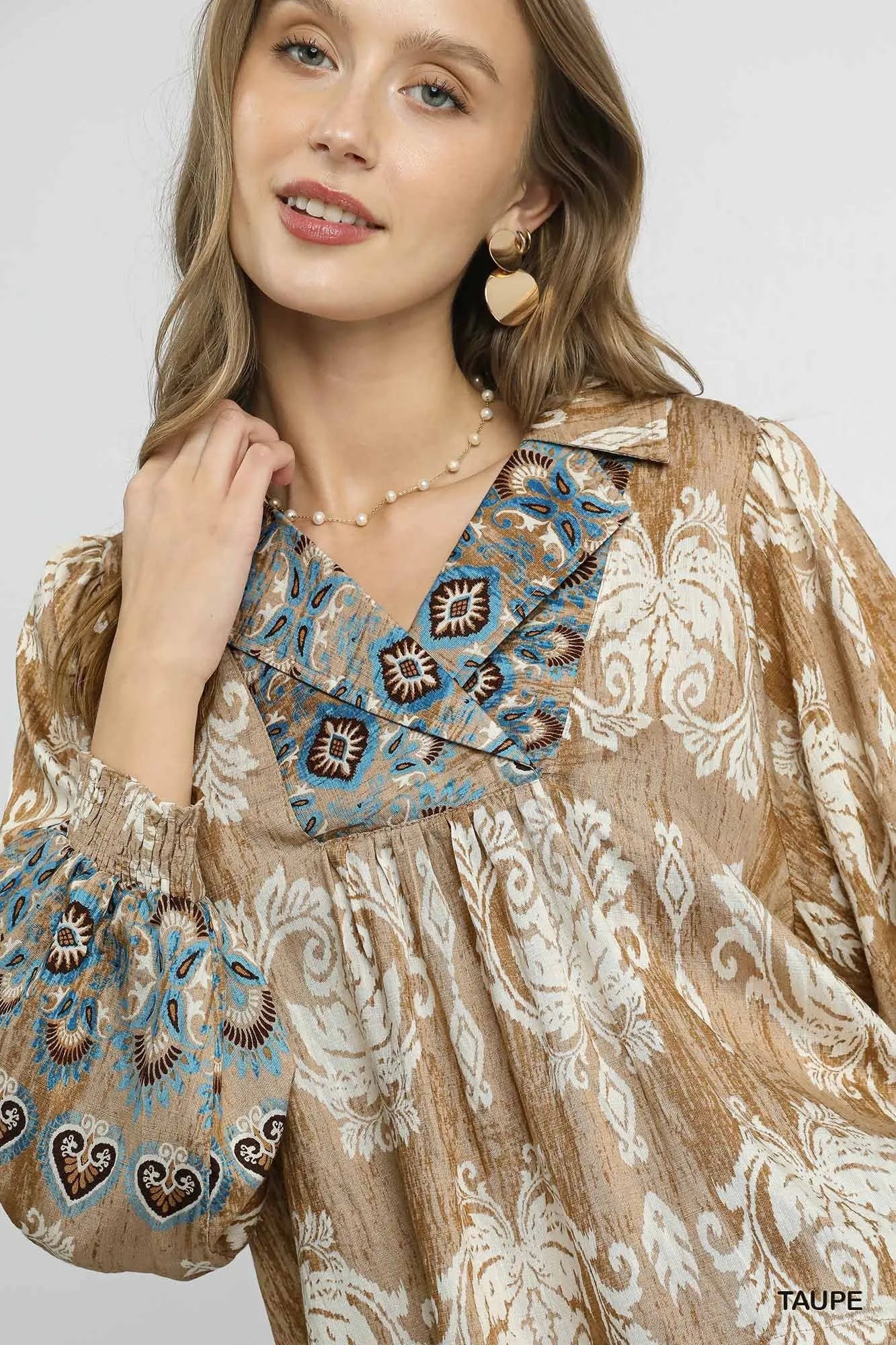 Umgee Floral Boho Blouse with Scalloped Hem