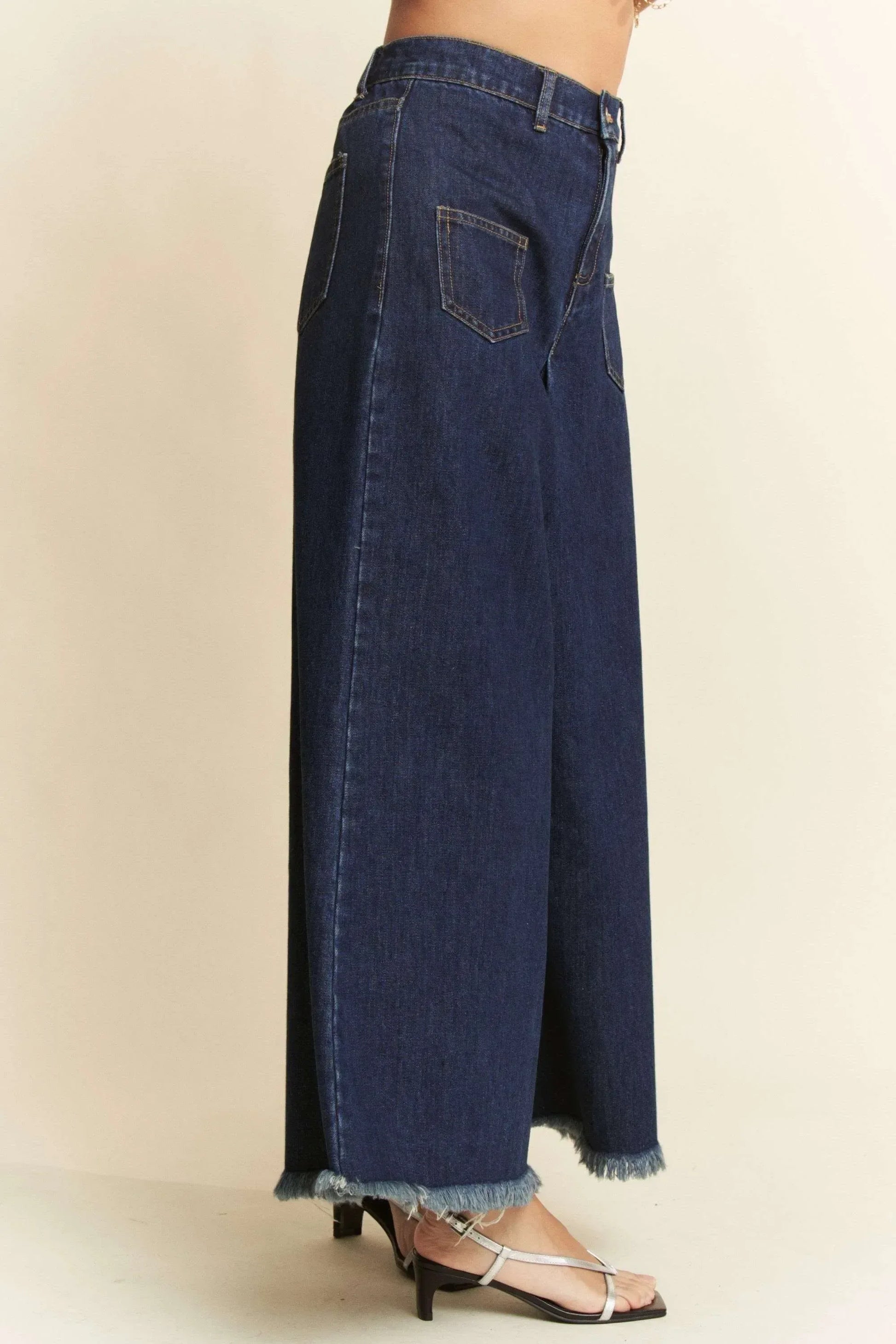 Davi & Dani Patch Pocket Wide Leg Culotte Jeans - DAVERRI FASHIONS