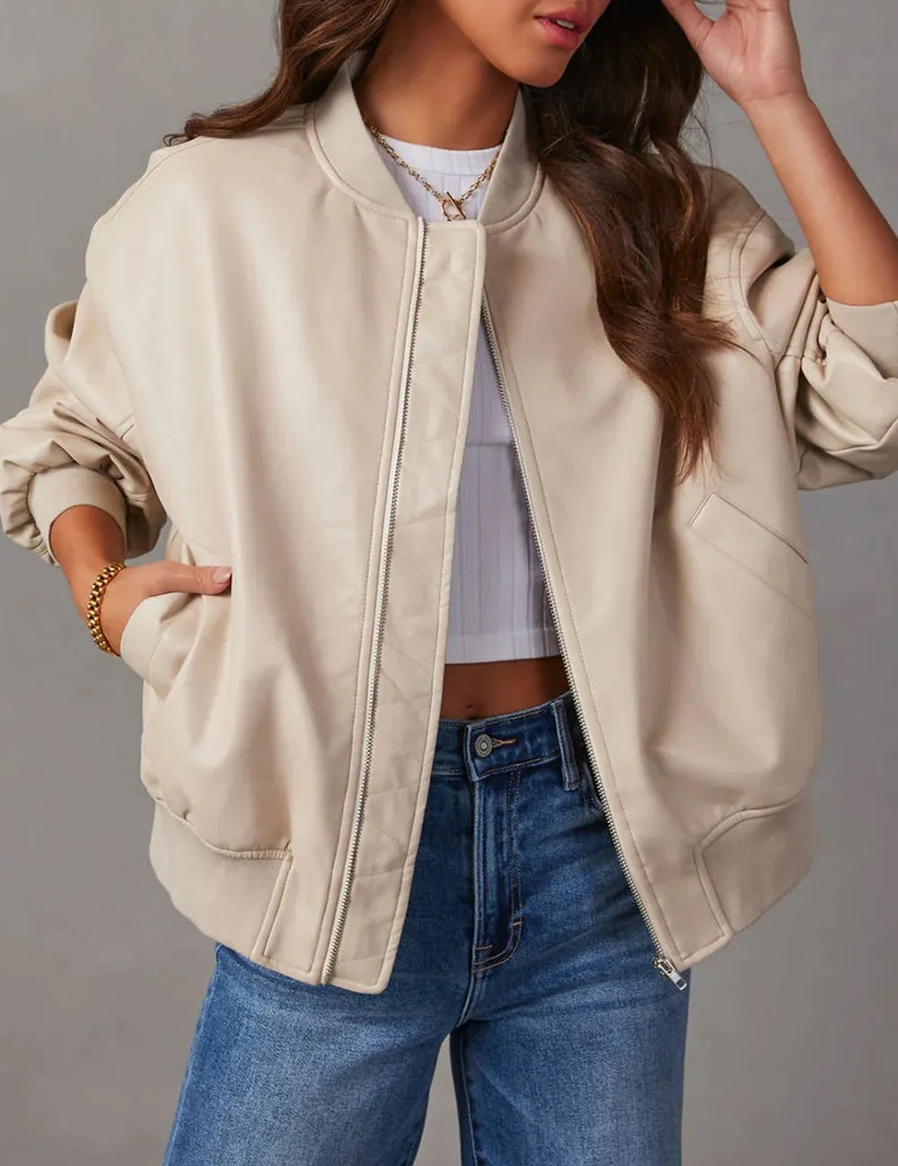 Beige Zip Up Long Sleeve Bomber Jacket | Bomber Jackets Daverri Fashions
