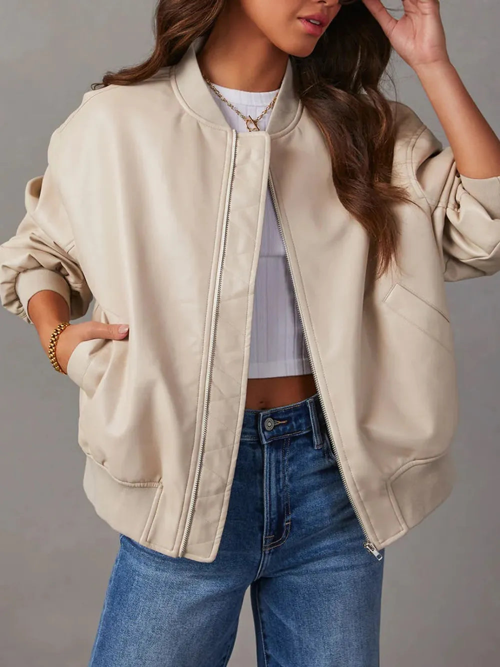 Beige Zip Up Long Sleeve Bomber Jacket | Bomber Jackets Daverri Fashions