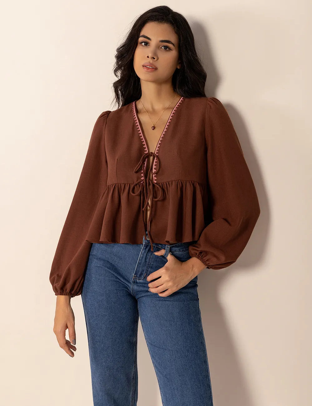 Peplum Tied V-Neck Long Sleeve Blouse | Blouses Daverri Fashions