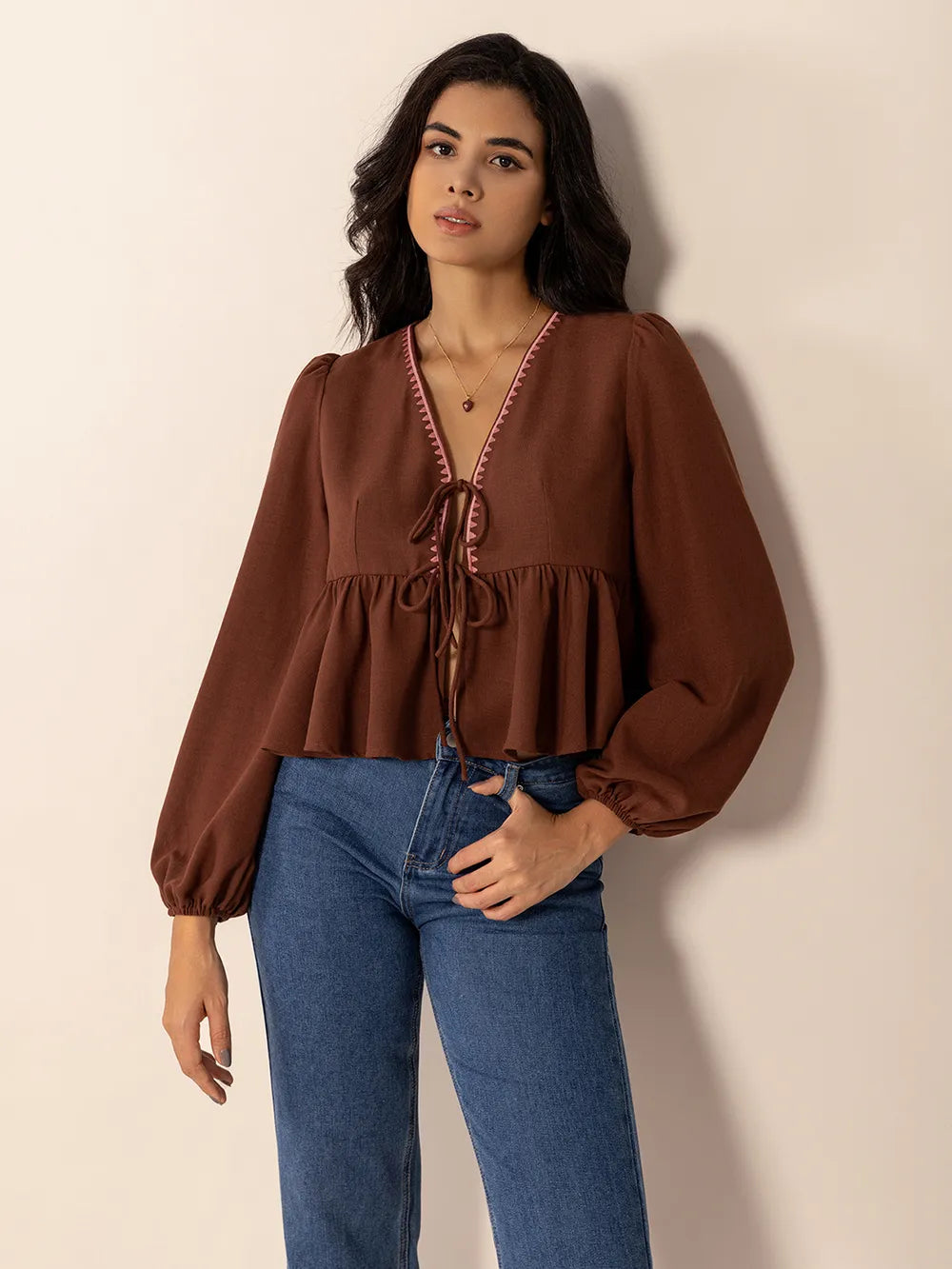 Peplum Tied V-Neck Long Sleeve Blouse | Blouses Daverri Fashions