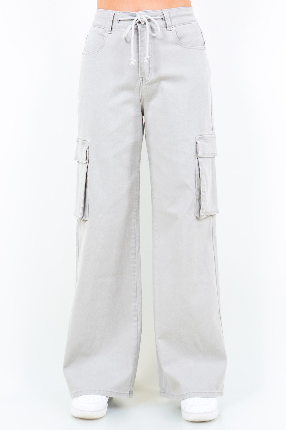 American Bazi Drawstring Wide Leg Cargo Pants Light Gray Pants