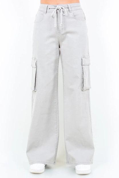 American Bazi Drawstring Wide Leg Cargo Pants - DAVERRI FASHIONS