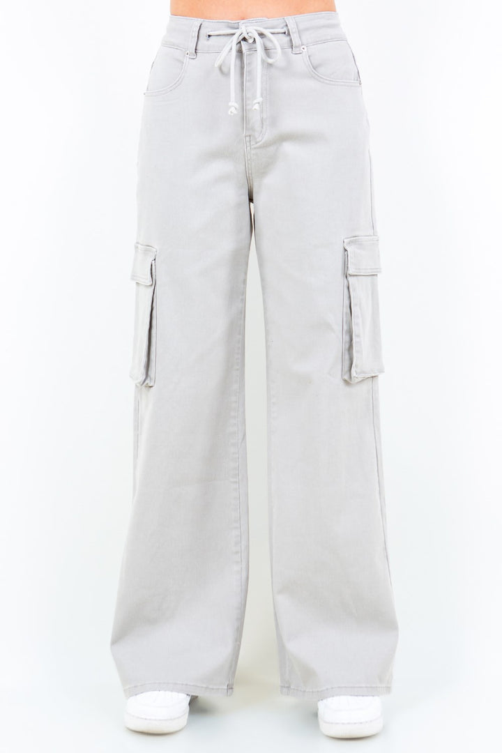 American Bazi Drawstring Wide Leg Cargo Pants Light Gray Cargo Pants