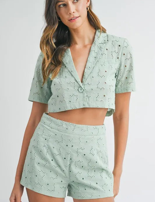 MABLE Eyelet Short Sleeve Crop Top and Shorts Set | Outfit Sets Daverri Fashions