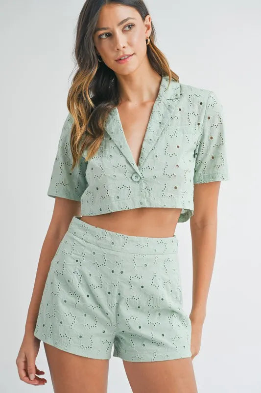MABLE Eyelet Short Sleeve Crop Top and Shorts Set Outfit Sets