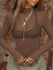 Mock Neck Long Sleeve Sheer Top | Tops Daverri Fashions