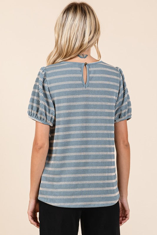 Mittoshop Contrast Striped Short Puff Sleeve Knit Top Tops