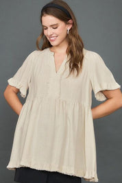 Umgee Full Size Raw Hem Notched Babydoll Linen Blouse Plus Size OATMEAL