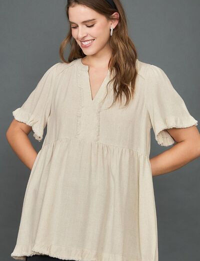 Umgee Full Size Raw Hem Notched Babydoll Linen Blouse Plus Size OATMEAL