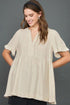 Umgee Full Size Raw Hem Notched Babydoll Linen Blouse Plus Size OATMEAL Blouses