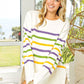 Cozy BiBi Ribbed Hem Mardi Gras Stripe Sweater in cream with purple, green, yellow stripes