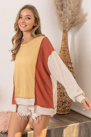 BiBi Waffle-Knit Exposed Seam Color Block Uneven Hem Top | Tops Daverri Fashions