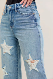 Judy Blue Full Size High Waist Rigid Magic Star Shaped Destroy 90's Straight Jeans Plus Size | Jeans Daverri Fashions