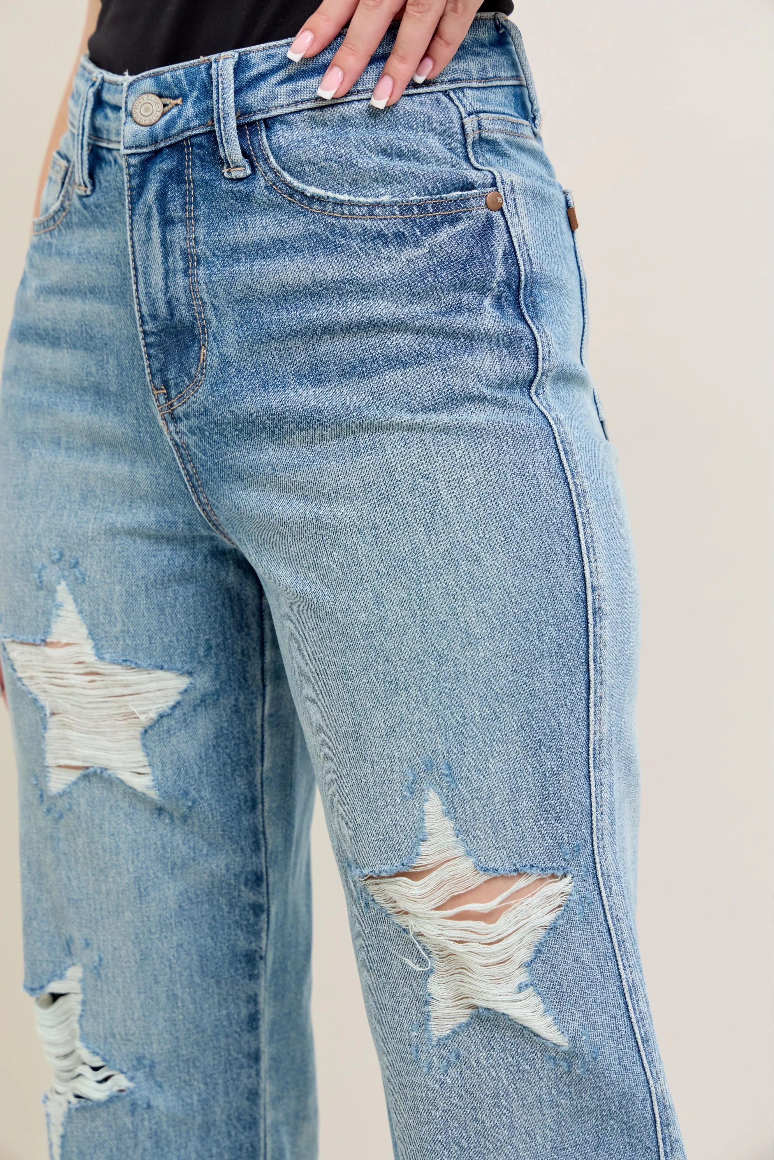 Judy Blue Full Size High Waist Rigid Magic Star Shaped Destroy 90's Straight Jeans Plus Size | Jeans Daverri Fashions
