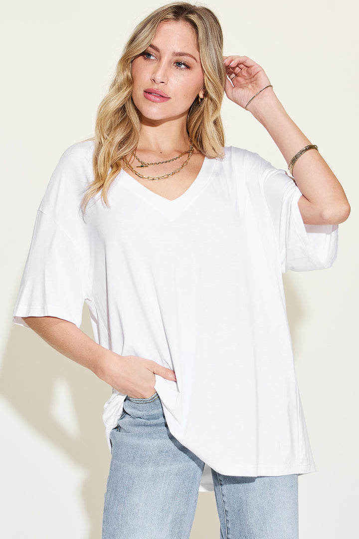 Bamboo V-Neck Drop Shoulder T-Shirt White Tops