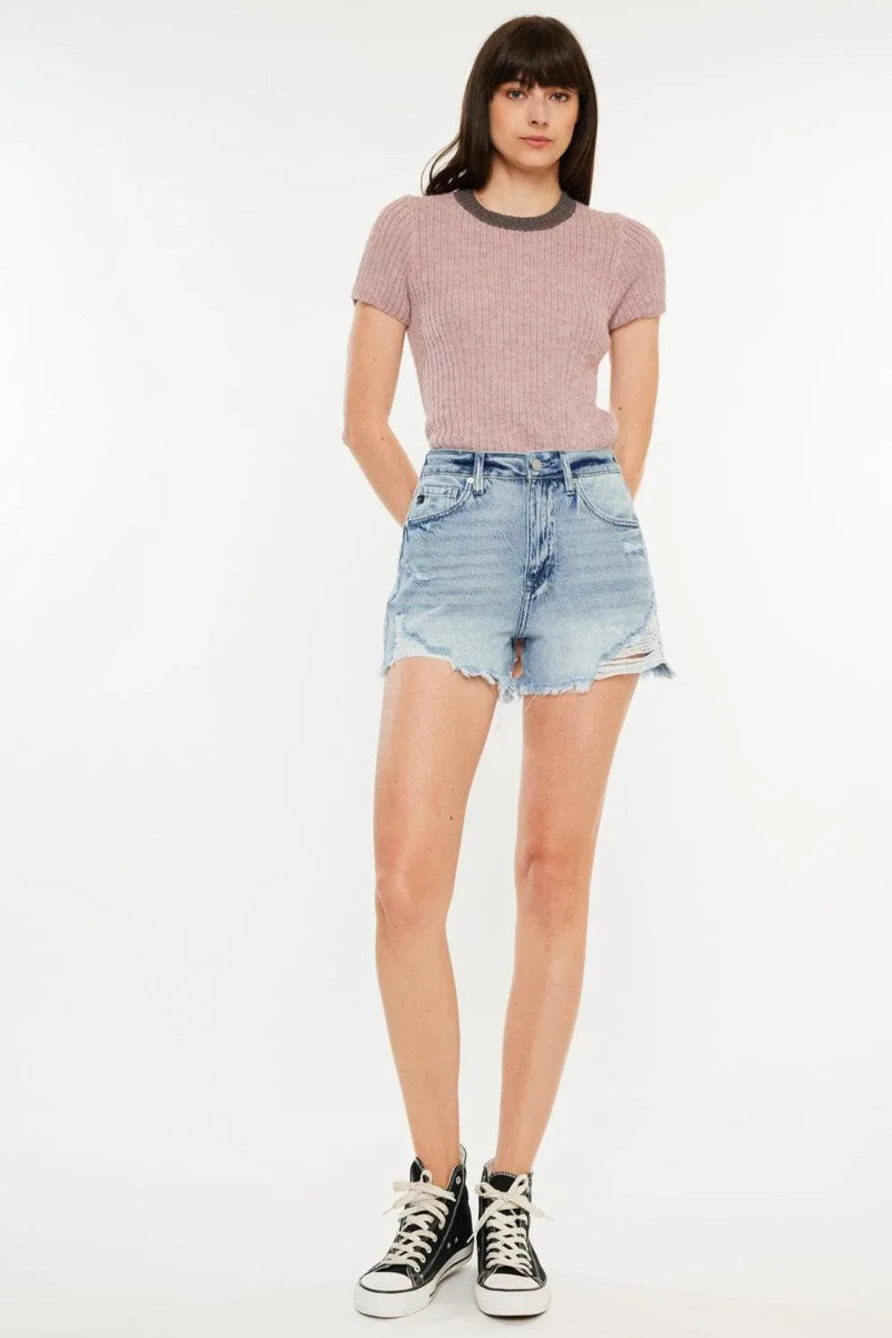 Kancan Distressed High Waist Denim Shorts with Pockets - DAVERRI FASHIONS