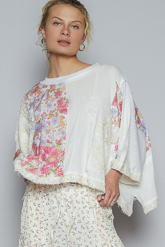 POL Floral Lace Patch Round Neck Double Gauze Top Off White