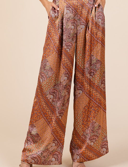 Mittoshop Paisley Patchwork Print Satin Wide Leg Pants Hazelnut