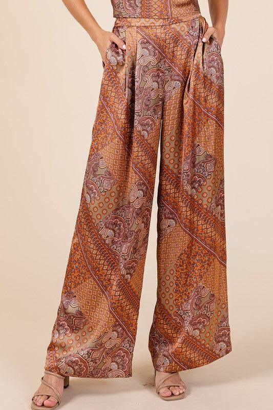 Mittoshop Paisley Patchwork Print Satin Wide Leg Pants Hazelnut Pants