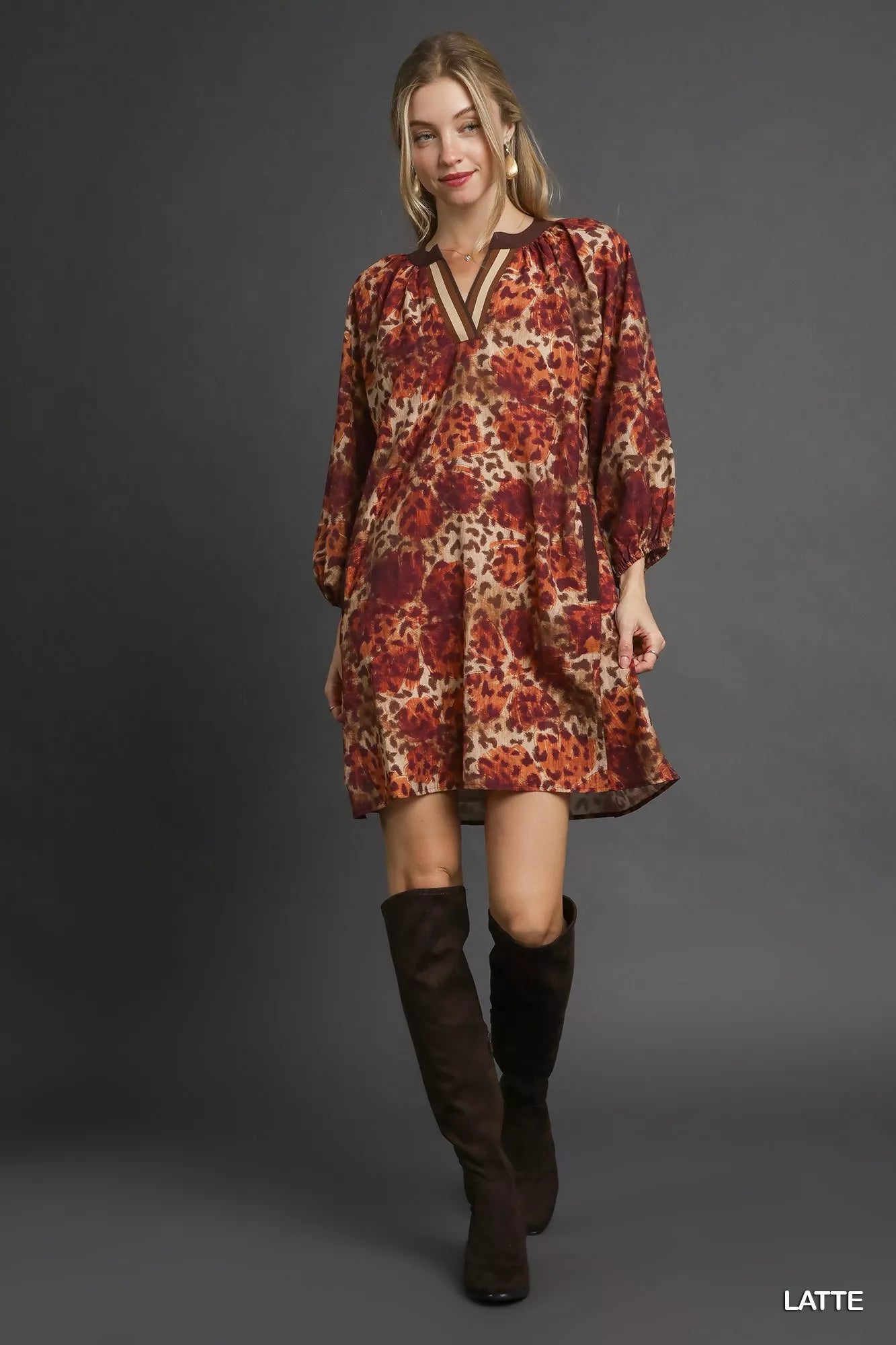 Red floral print Latte mini dress with long sleeves and V-neck