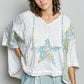 POL Floral Star Patch Hooded Blouse with white patchwork, blue star, yellow floral embroidery, lace details