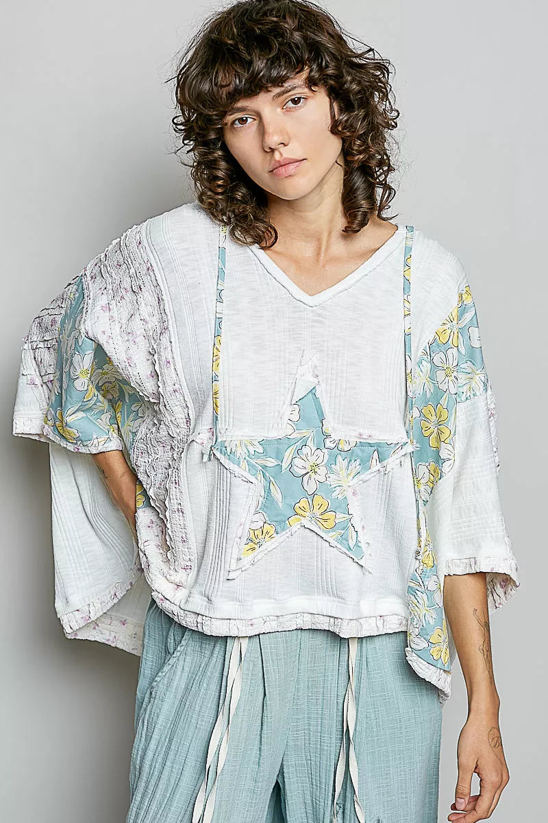 POL Floral Star Patch Hooded Blouse with white patchwork, blue star, yellow floral embroidery, lace details