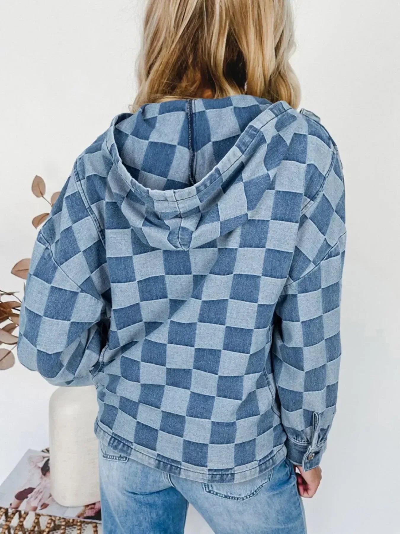 Checkered Half Zip Denim Hoodie Top - DAVERRI FASHIONS