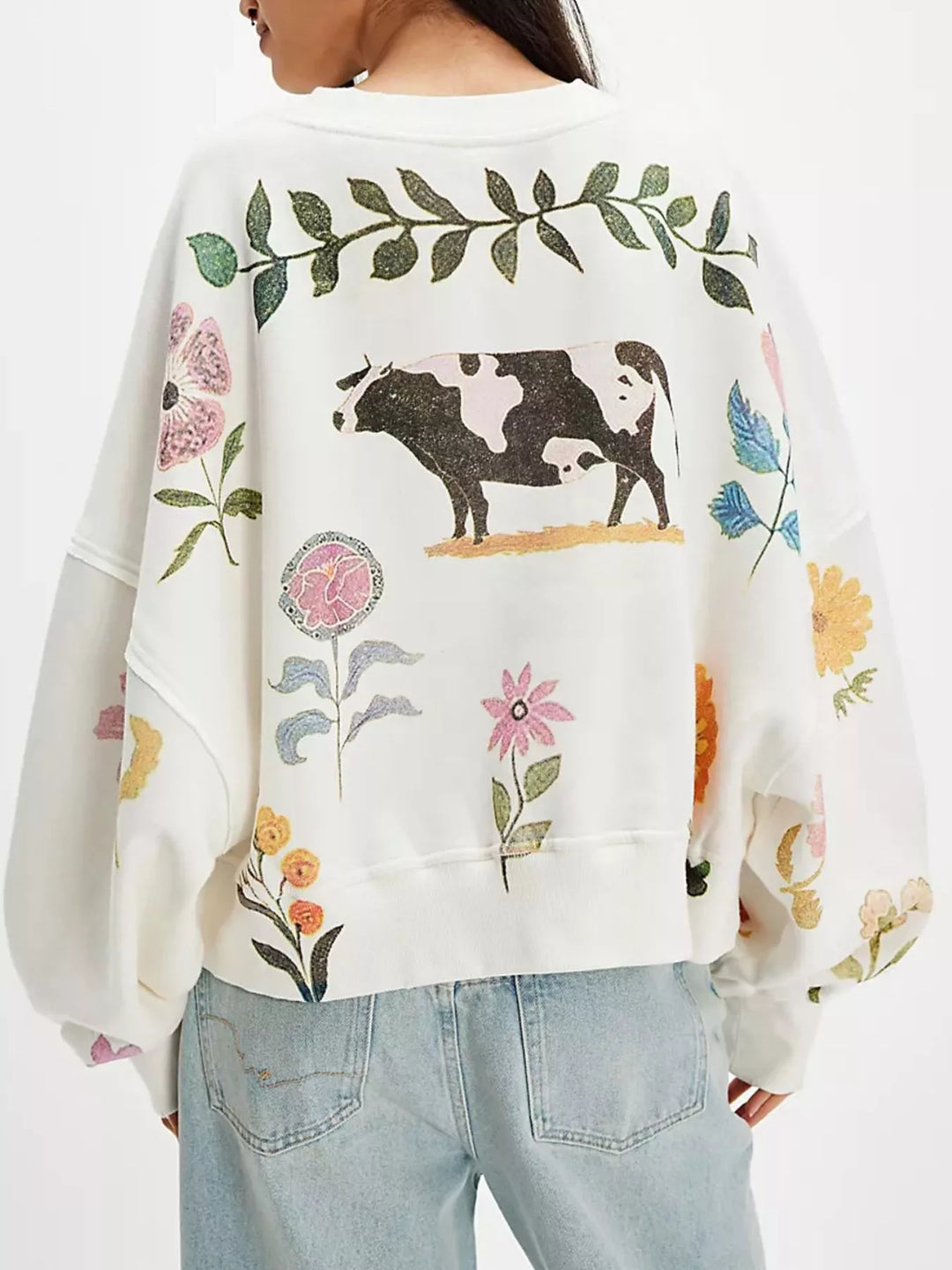 Printed Round Neck Dropped Shoulder Sweatshirt | Sweatshirts Daverri Fashions