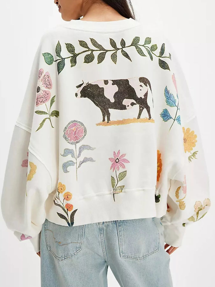 Printed Round Neck Dropped Shoulder Sweatshirt | Sweatshirts Daverri Fashions