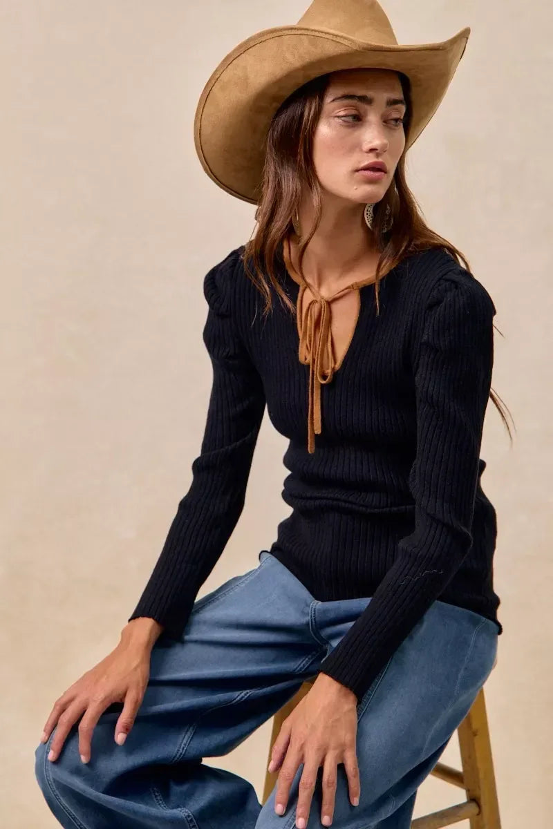 BiBi Ribbed Contrast Front Tied Shirred Fabric Top - DAVERRI FASHIONS