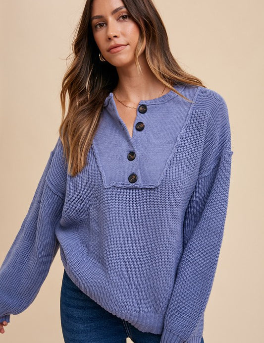 Annie Wear Half Button Ribbed Hem Sweater Light Indigo