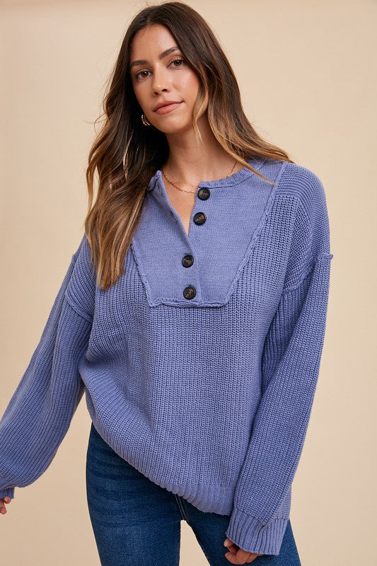 Annie Wear Half Button Ribbed Hem Sweater Light Indigo