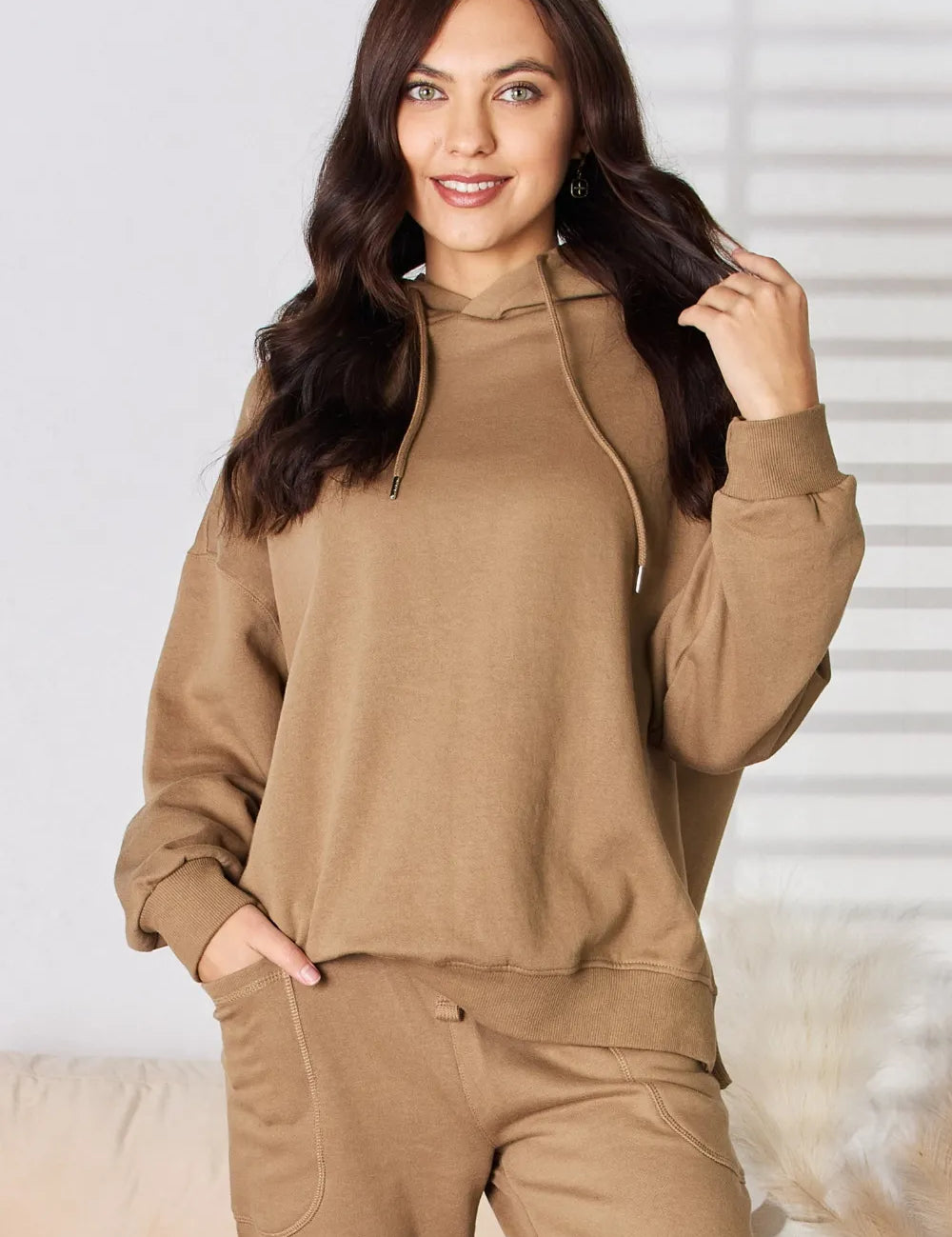 Mocha RISEN Drawstring Drop Shoulder Long Sleeve Hoodie | Hoodies Daverri Fashions
