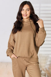 Mocha RISEN Drawstring Drop Shoulder Long Sleeve Hoodie | Hoodies Daverri Fashions