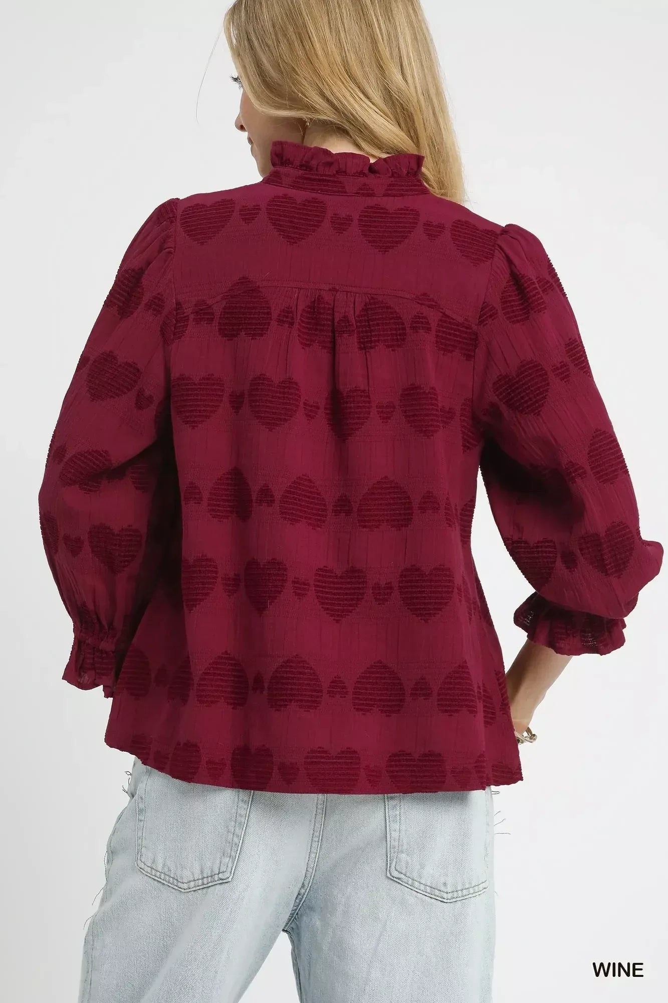 Umgee Heart Jacquard Ruffle Trim Shirt - DAVERRI FASHIONS