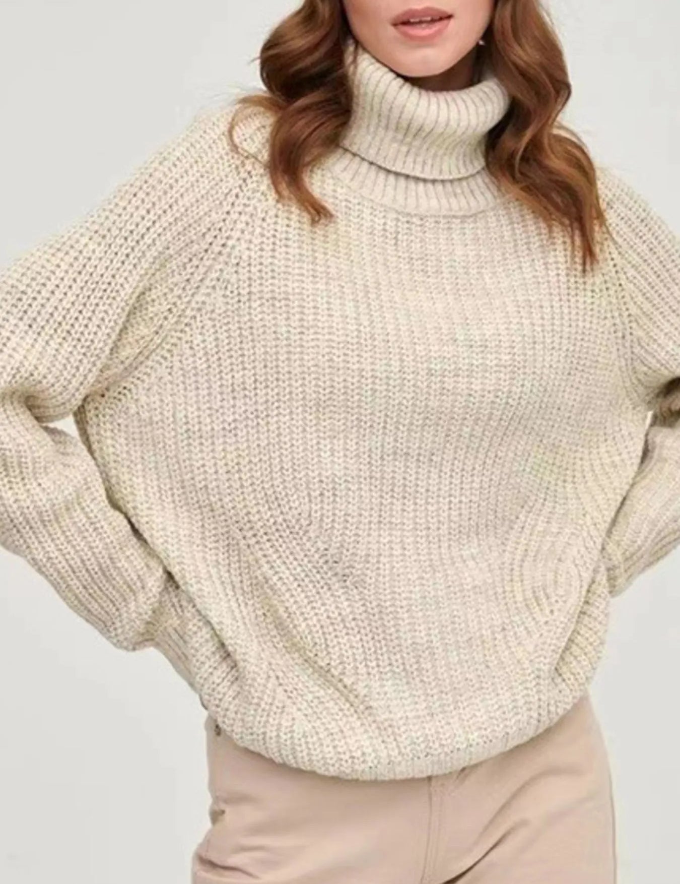 Beige Turtleneck Long Sleeve Sweater | Sweaters Daverri Fashions