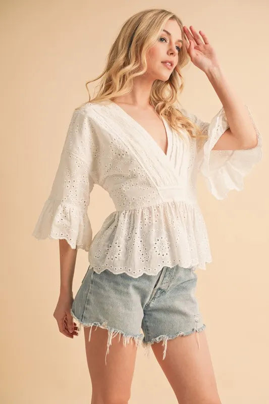 Aemi+Co Flounce Sleeve Eyelet Peplum Top